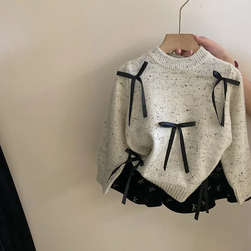 Girls Suit 2024 Autumn New Childrens Clothing Korean Style Girls Baby Foreign Style Bow Knit Sweater Cake Skirt Two-piece Set