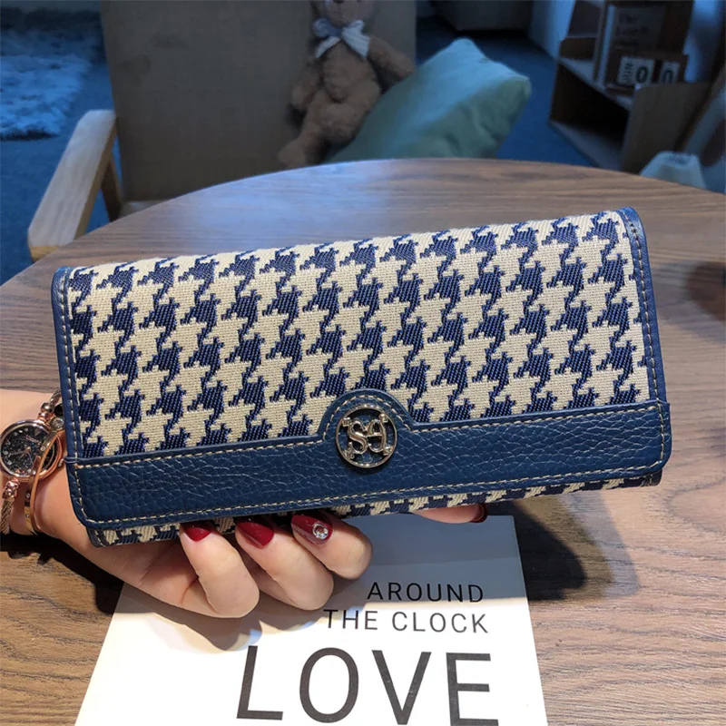 2023 Two-tone Long Wallet Women Genuine Leather Purse Houndstooth Embroidery Ladies Clutch Bags For Cell Phone Cards Cash Wallet