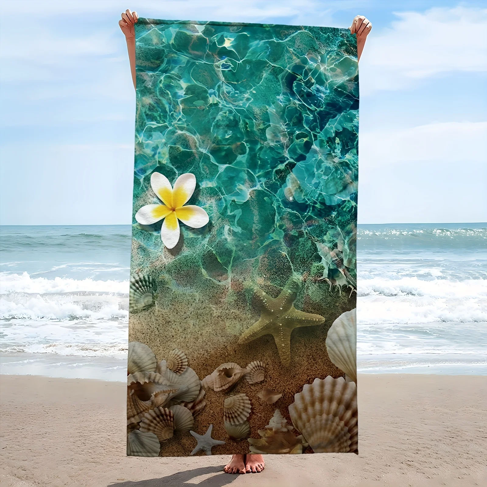 2D Underwater Shells Starfish Beach Towel Ocean Life Print Swimming Cover Up Cute Holiday Souvenir