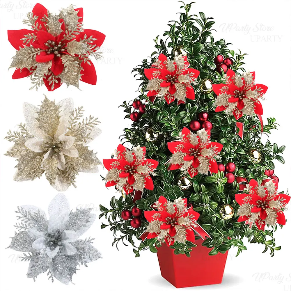 10 قطع من الزهور الاصطناعية لتزيين عيد الميلاد، زهور البونسيتة لعيد الميلاد مع مشابك لتزيين شجرة عيد الميلاد وديكور عيد الميلاد #1