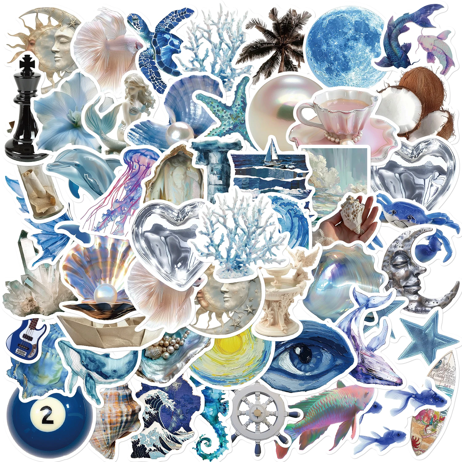 50PCS Creative Silver Blue Ocean ins Style Stickers Graffiti Waterproof Decoration DIY Luggage Computer Phone Skateboard Sticker