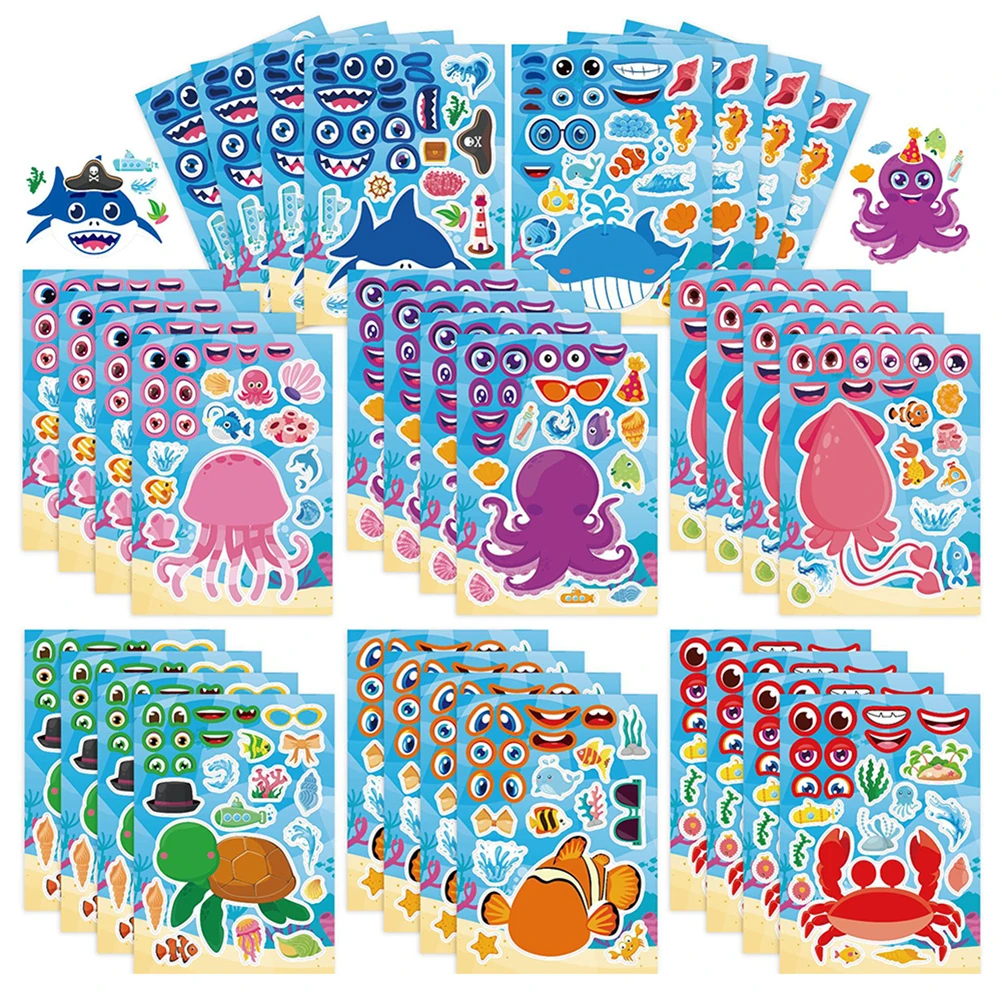 8/16Sheets DIY Ocean Animal Puzzle Stickers Kids Make a Face Octopus Shark Crab Funny Assemble Jigsaw Children Party Toys Gift