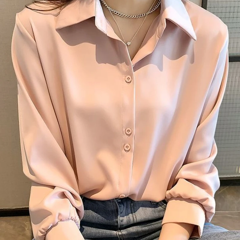 Deeptown Solid Satin Shirt for Women Chiffon Blouse Summer Thin Satin Silk Button Up Blouse Office Shirt Long Sleeve Tops Female