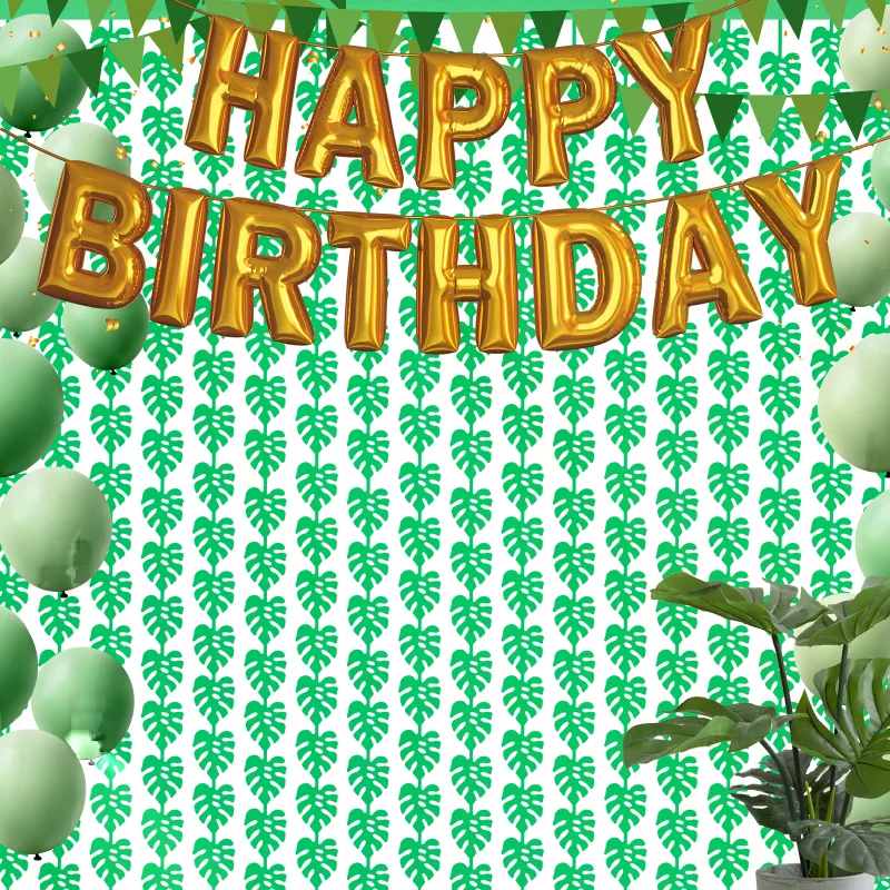 2 Pack Tropical Party Decorations 3.3x6.6ft Green Palm Leaves Photo Booth Prop Summer Jungle Leaf Foil Fringe Curtains For Hawai