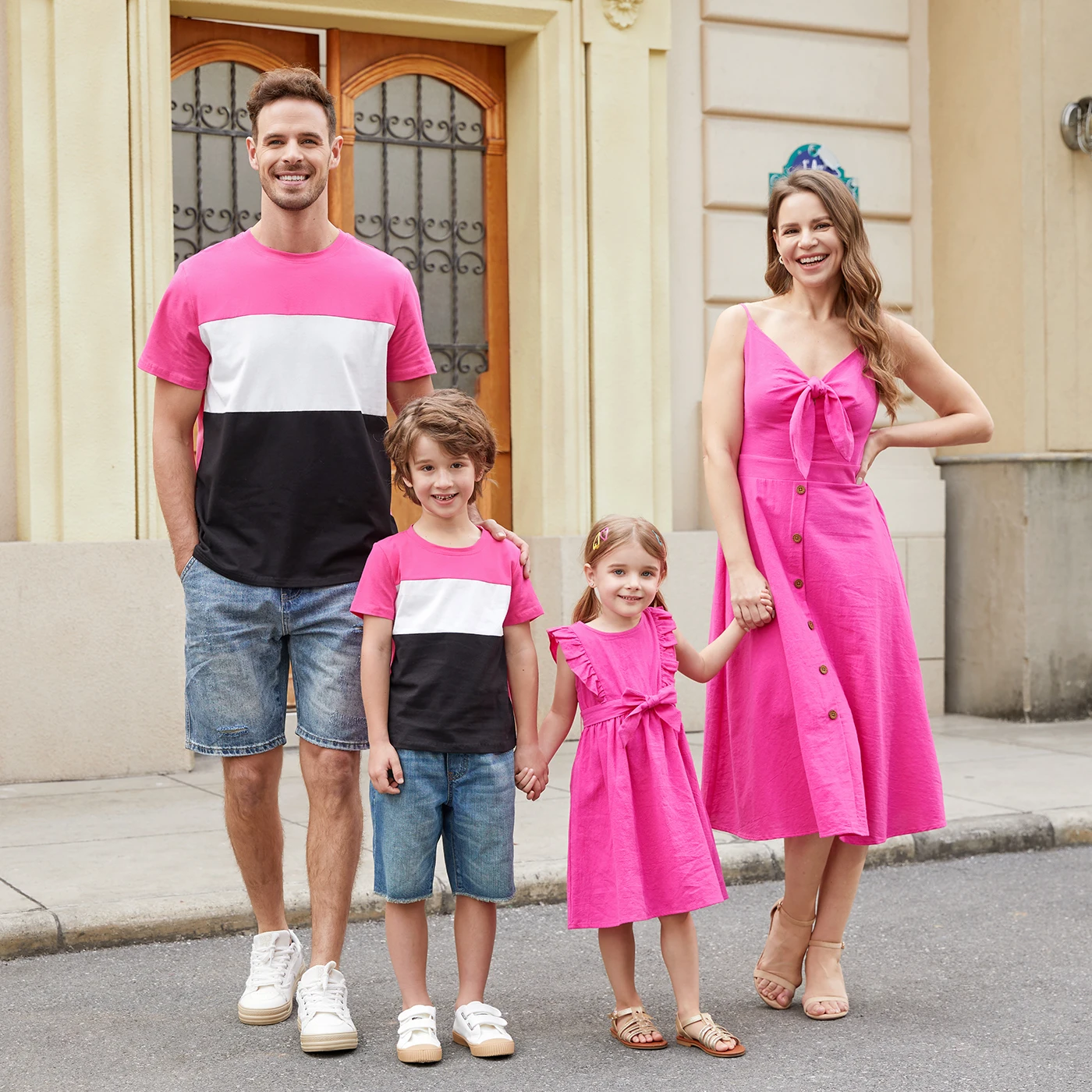 

PatPat Family Matching Colorblock T-shirt and Hot Pink Button Neck-Tie Strap Dress Sets