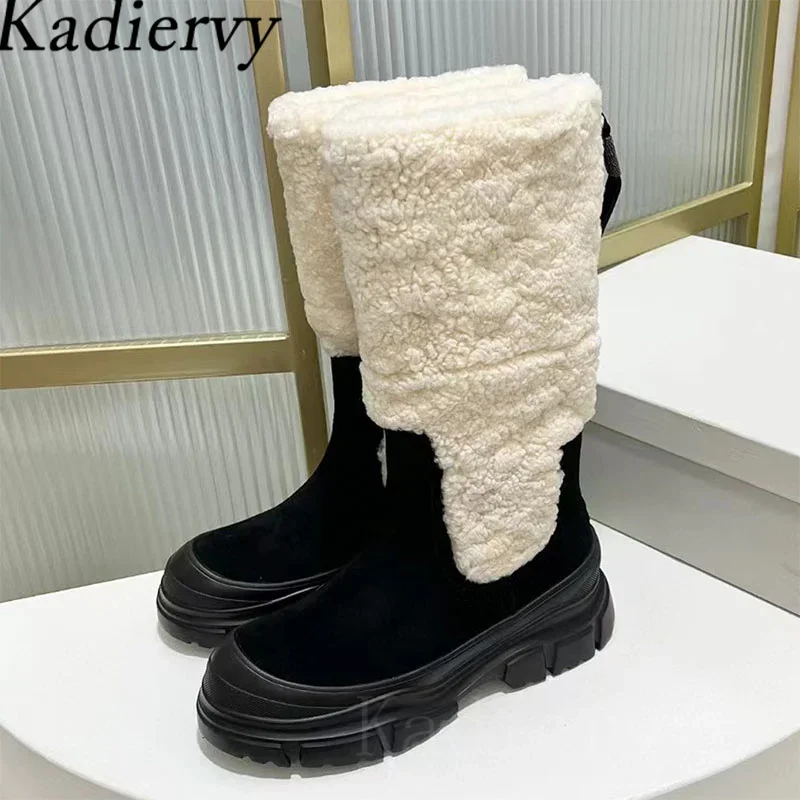 Winter Wool Short Boots Woman Thick Sole Mid Calf Boots Round Toe Flat Platform Shoes Women Cow Suede Motorcycle Boots Women