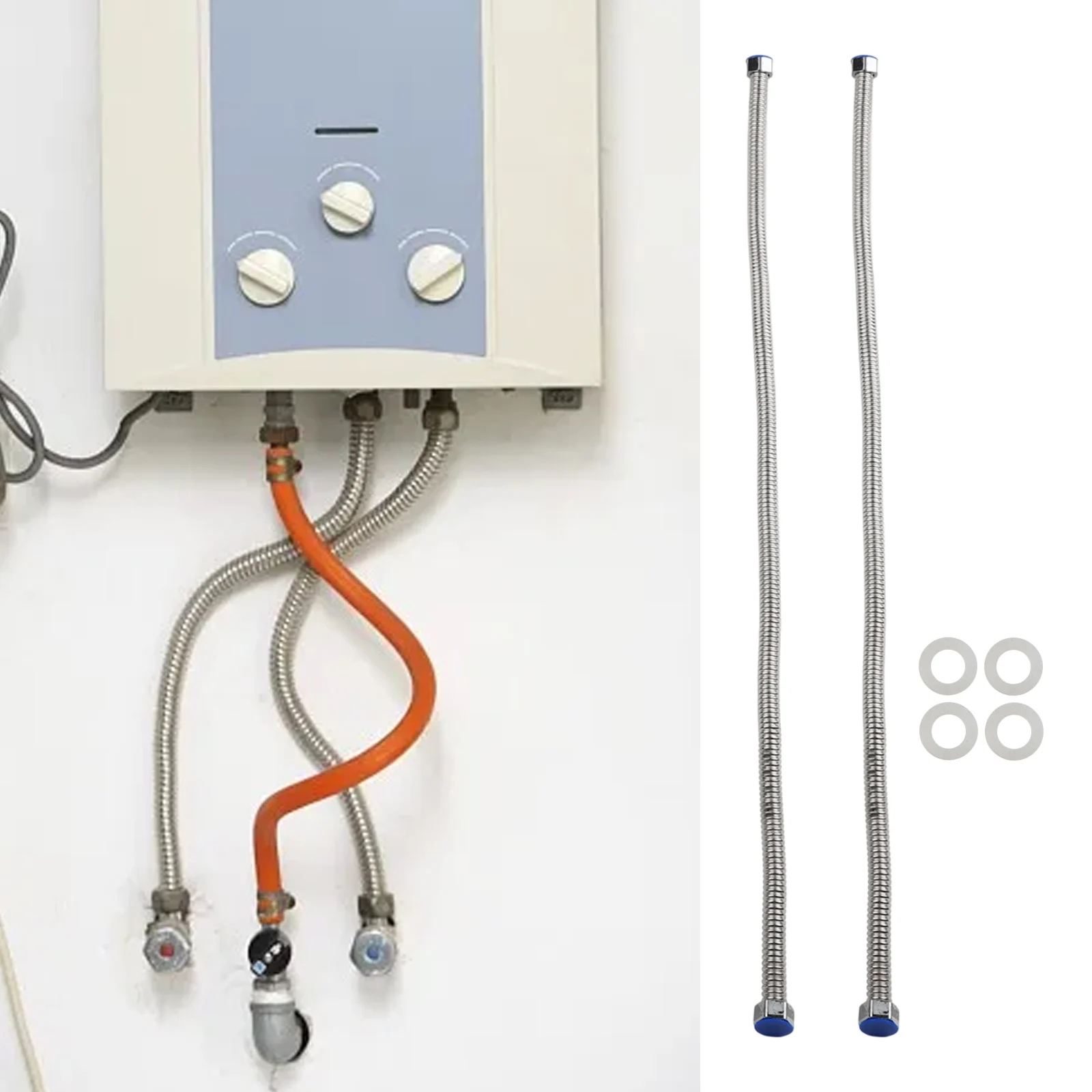 34 Inch Stainless Steel Water Heating Connector Hose Set 2 Flexible Hoses with Leak for proof Design for Various Plumbing Needs