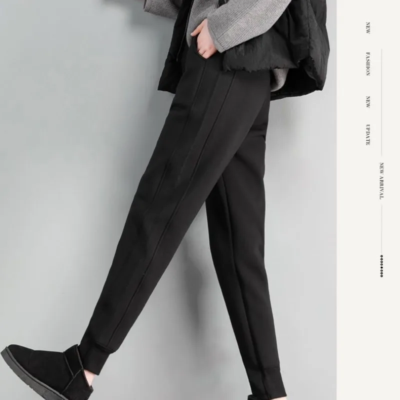 Women's Autumn Winter Flocking Elastic High Waist Pockets Drawstring Solid Harlan Feet Cargo Trousers Fashion Vintage Pants