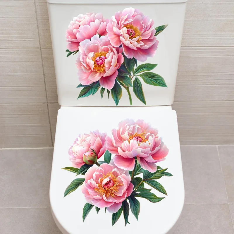 New Painted Pink Flower Rose Bathroom Waterproof Toilet Cover Toilet Sticker Self-adhesive Sticker Decoration for Toilet