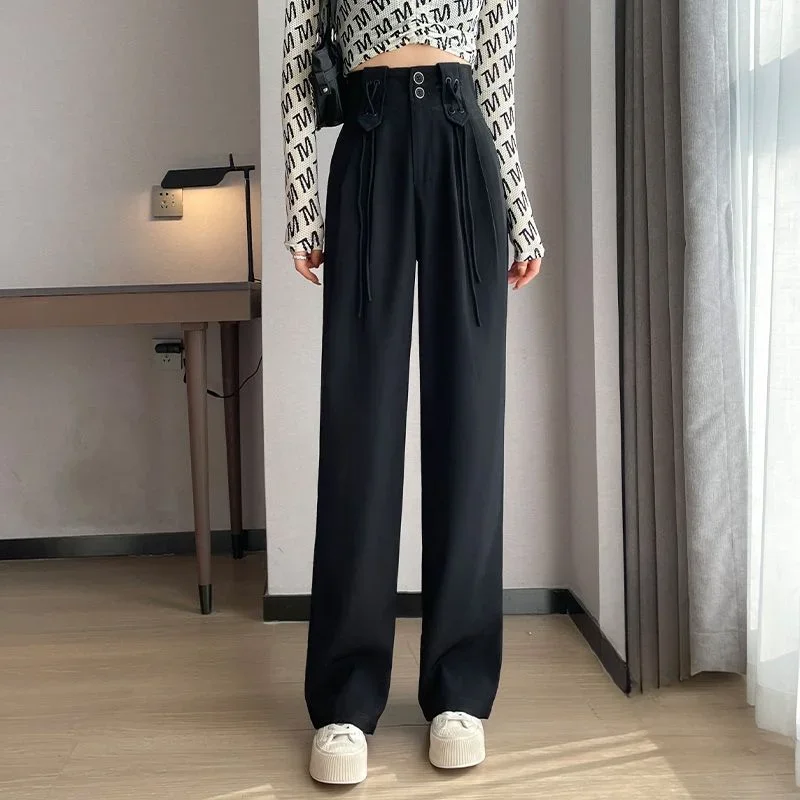 Dress Pants Wide Leg Black Women Work Straight Office Spring Autumn Woman Trousers Tailoring Trends 2024 Chic and Elegant Nylon