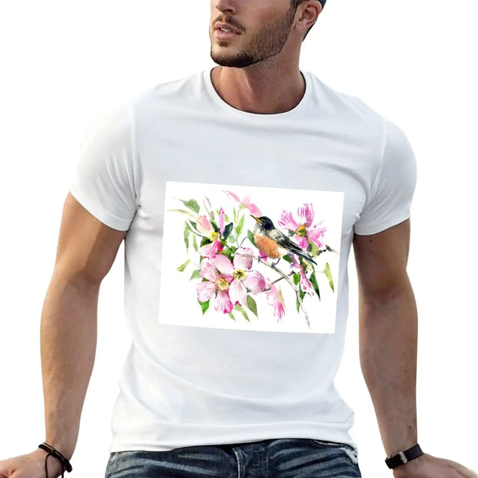 

American Robin and Dogwood Flowers T-Shirt t shirts for man pack cotton t shirt custom print T-Shirt