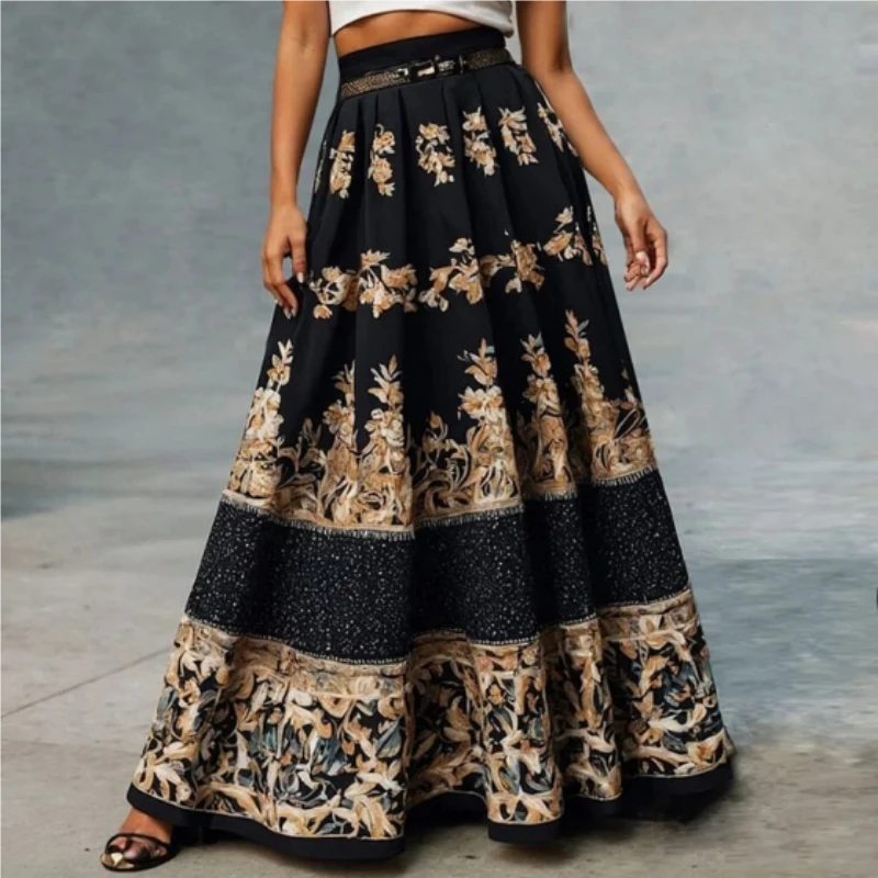 

Retro High Waist Floral Pattern A-Line Pleated Long Skirt 2025 Summer Women's Casual Skirt Elegant Street Ladies Maxi Skirt