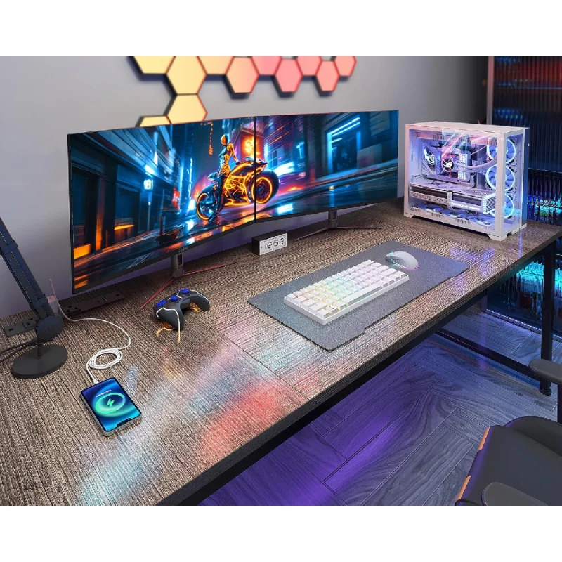 71 x 24 Inch Computer Desk with USB Ports, Large Office Desk, Long Study Student Writing Desk, Grey Oak