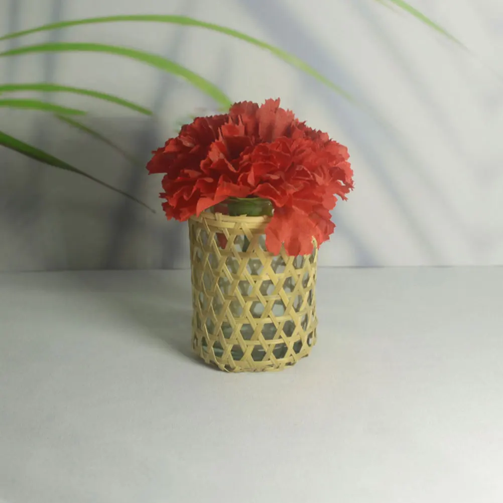 

6Pcs Bamboo Cup Sleeves Small Vase Covers Heat Resistant Glass Protective Covers Non Slip Cup Accessory Woven Vase Decor
