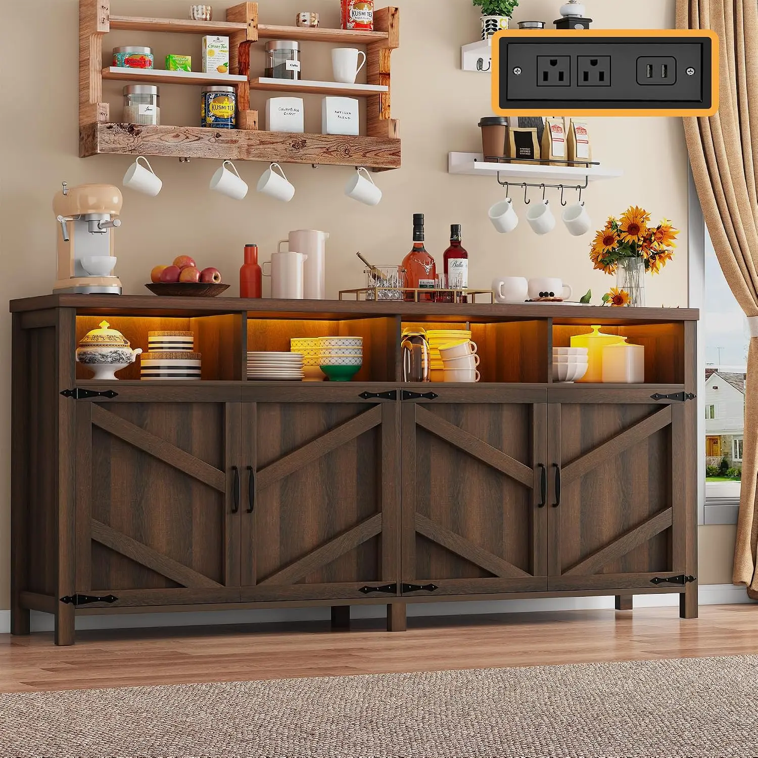 Buffet Sideboard with Storage with Power Outlets & LED Light, Large Farmhouse Kitchen Storage Cabinet Wood 4 Doors, Customized