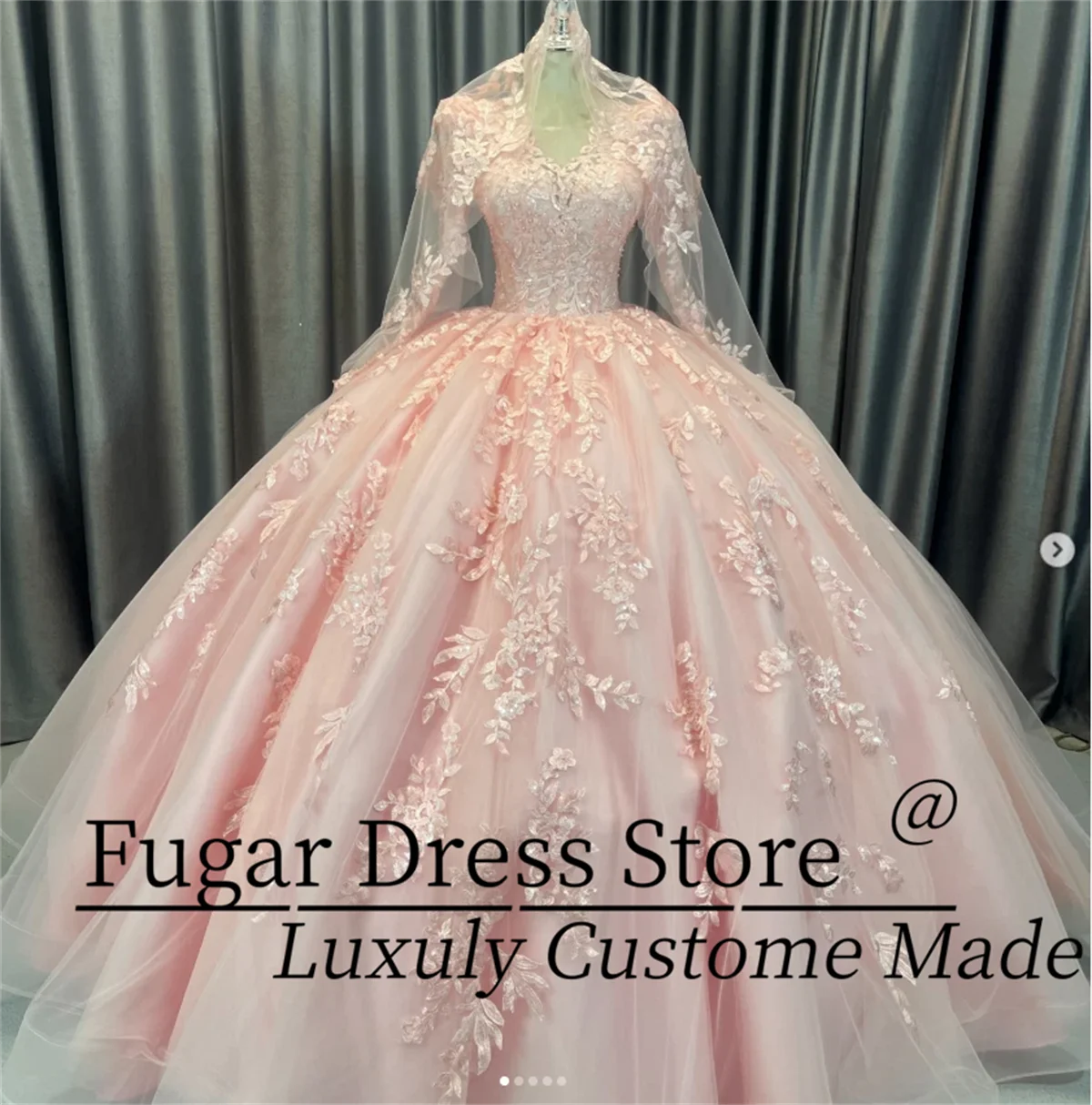 Customized Light Pink Princess Quinceanera Dresses Long Sleeves XV Party Birthday Sweet 16 Ball Gown Vestidos de 15 quinceañe