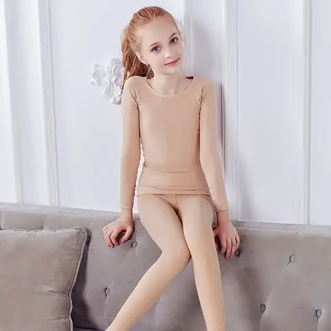 Fashion Winter Kids Thermal Underwear Suits Stretch Fleece Dance Tights Nude Color Warm Ballet Underwear Set