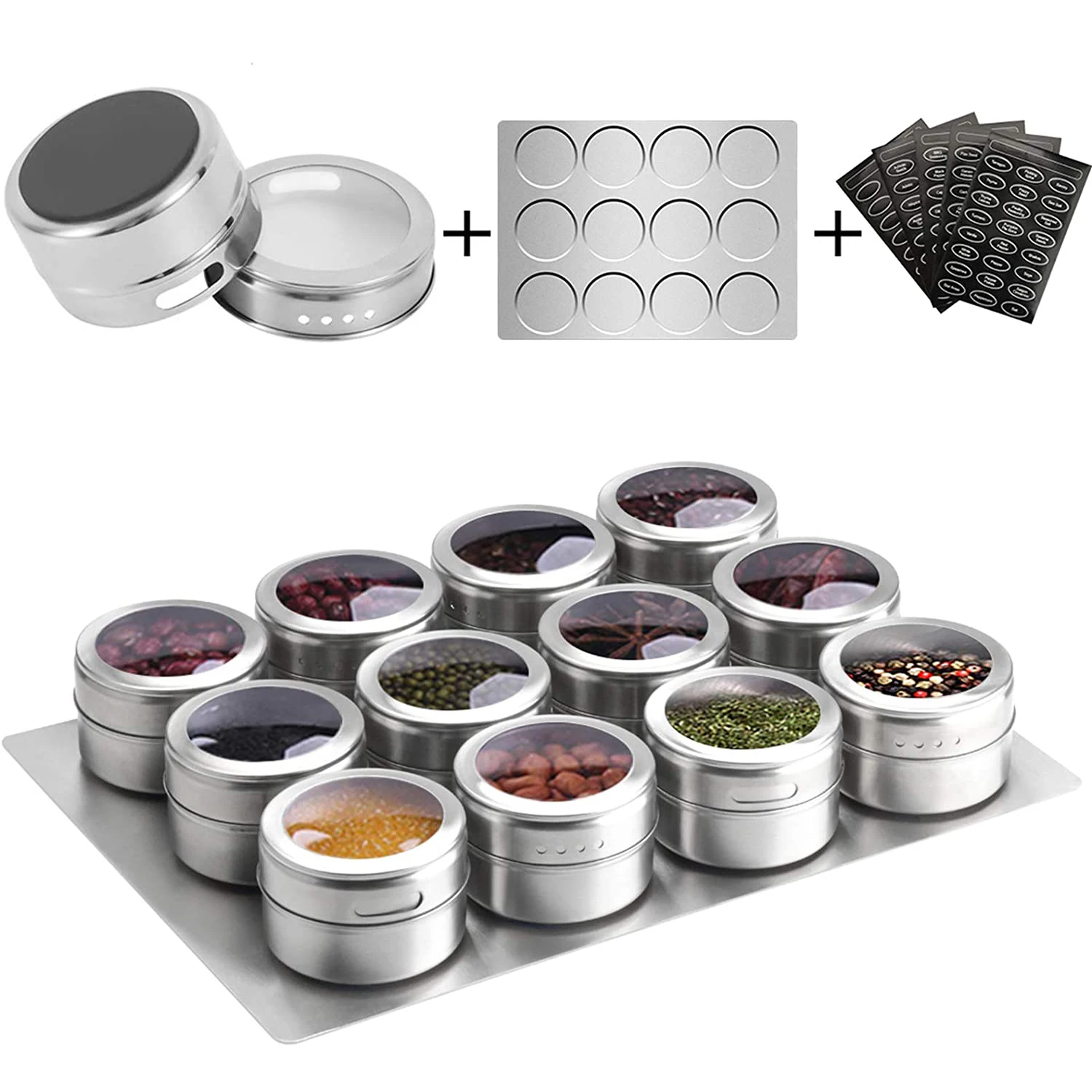 Set of 12 Magnetic Spice Tins with 1 Metal Wall-Plates,120 Preprinted Seasoning Label Stickers 3 oz Herb Jars