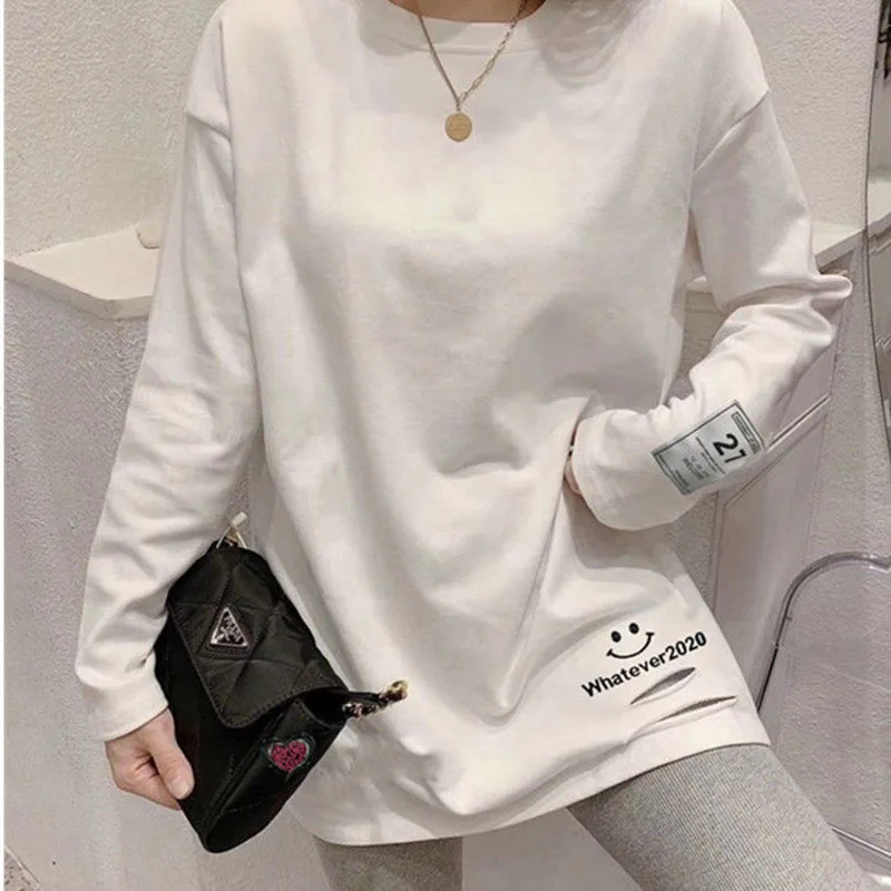 

Fashion O-Neck Loose Letter Hole T-Shirt Female Clothing 2023 Spring Autumn New Casual Pullovers Long Sleeve Tee Shirt