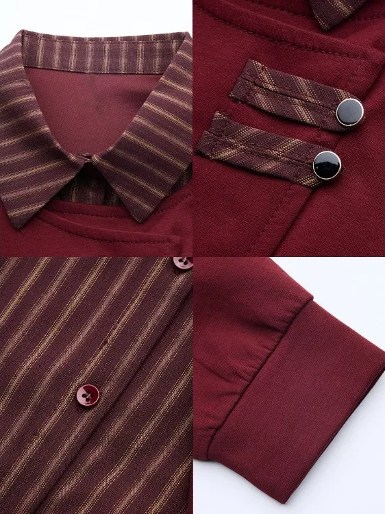 カジュアルなストライプ柄パッチワーク風フェイクツーピース 2026年春ファッション レディース ルーズフィット ロングスリーブ ミドル丈カジュアルトップ