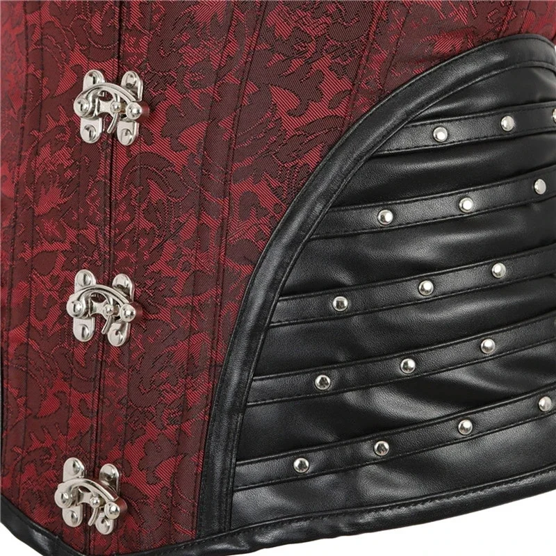 Corsetto Steampunk disossato in acciaio a spirale Goth Punk Red broccato Overbust Bustier Top