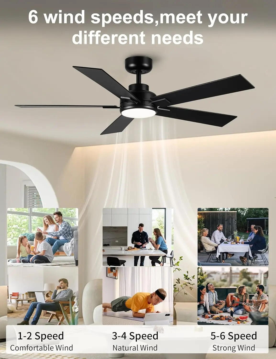 52" Black Ceiling Fan with Light & Remote, DC Motor, 6-Speed, 3CCT Dimmable, Quiet, Indoor/Outdoor, ETL Listed view 5