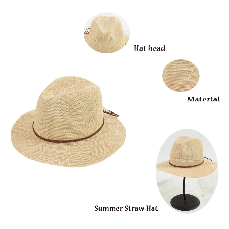 Summer Sunshade Straw Hat Unisex  Stylish Casual Panama Hats Strap Suede Trim Holiday UV Protection Beach Hats Wholesale