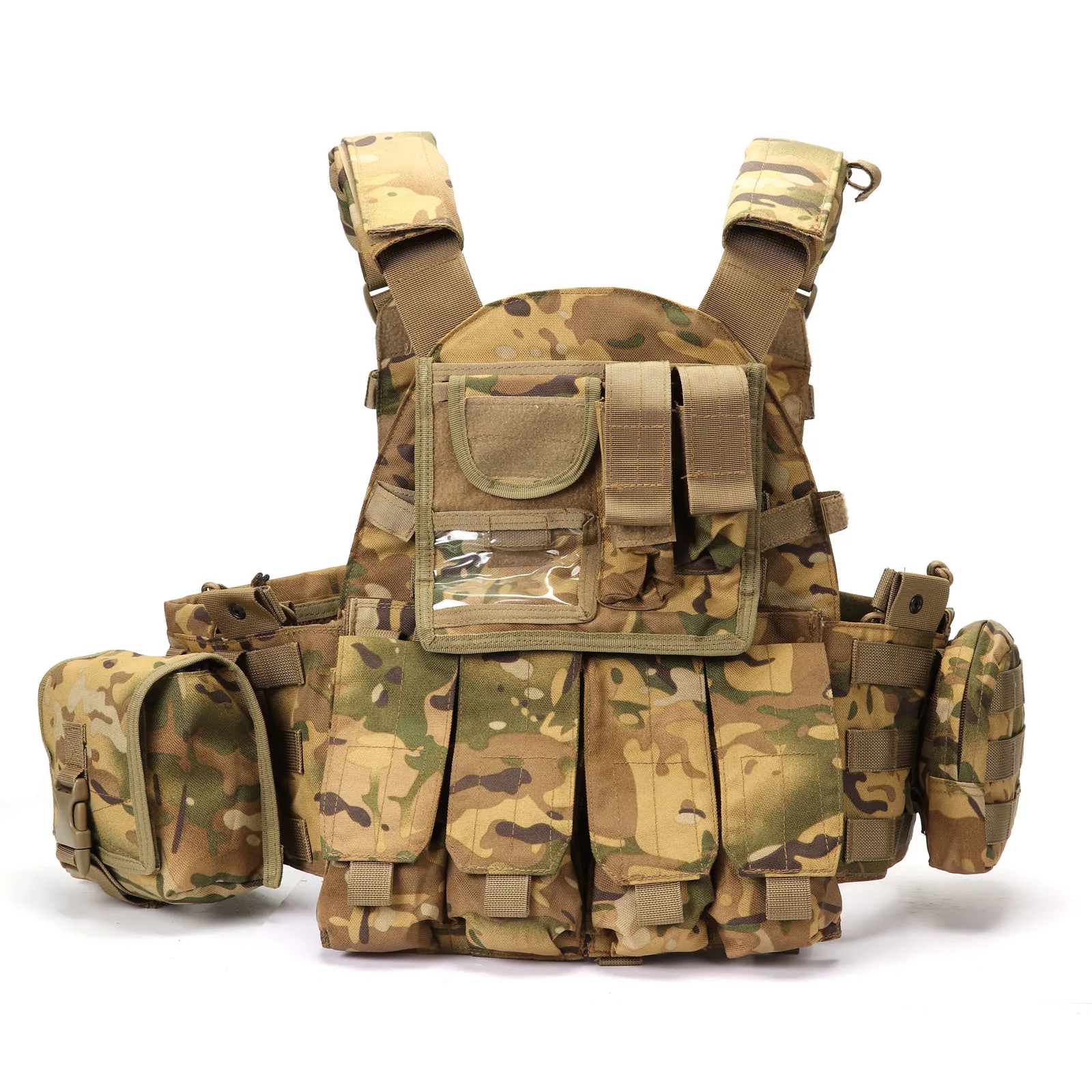 High Capacity Tactical Vest Set with Front Stacked Mag Pouches Multicam Camouflage Modular Combat Gear for Airsoft Training