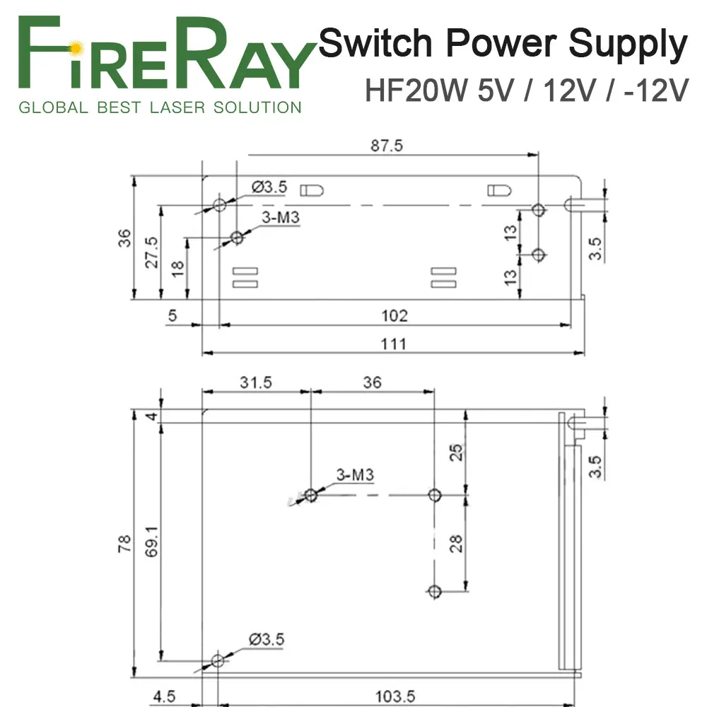 FireRay HF20W-T-A Switch Power Supply 5V 0.3-3A 12V 0-1A -12V 0-0.5A Triple Output for Laser Solar Energy Industrial Control