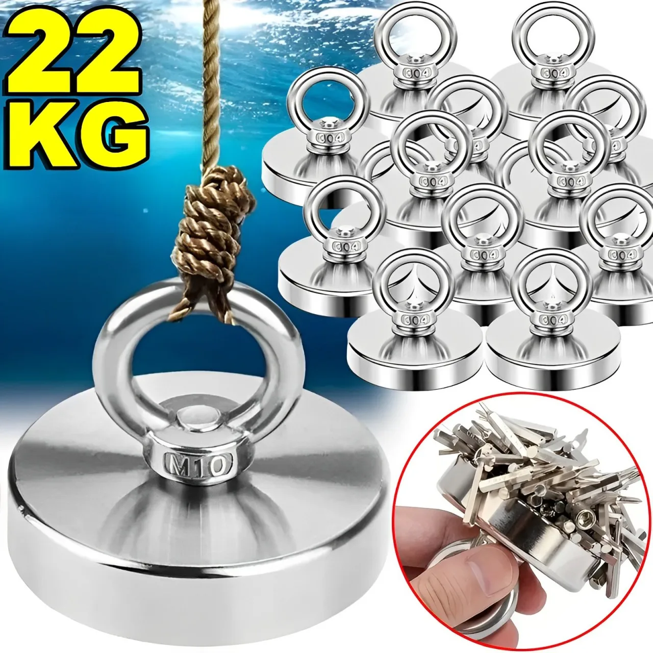 Superstarkes Magnet-Set, Neodym-N52-Haken mit Senkloch, Ringschraube, magnetische Haken, Bergung, Sucher, Angelmagnet-Set