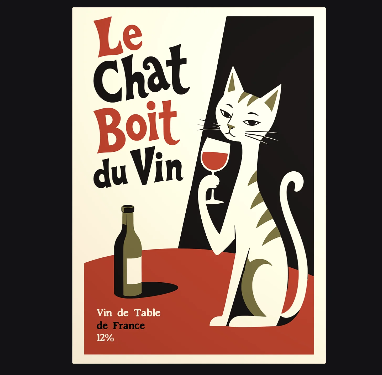 French Le Chat Boit du Vin Cat Wine Wall Art Canvas Prints Poster, Retro Decor For Bar Kitchen Dining Room Cafe Home Wall Decor