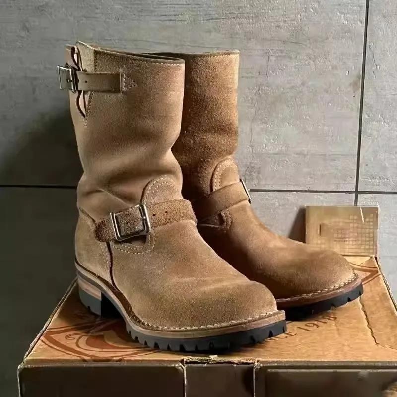 Handmade Vintage Velvet Khaki Work Boots Men's Mid-Calf Retro Thi Bot Belt Bule Motor Vehicle Engineering Boots
