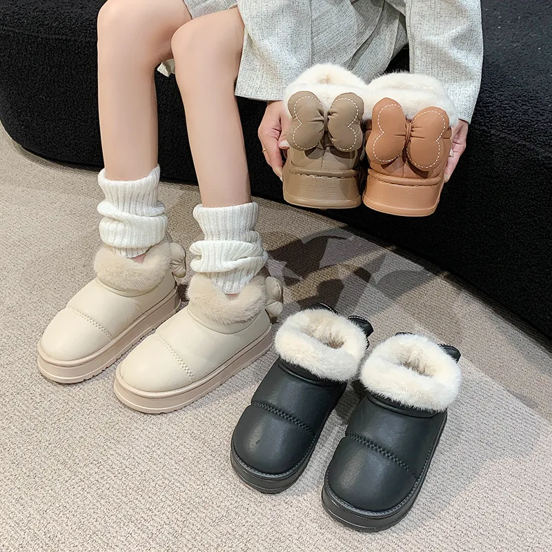 

Fleece Thickened Warm Short Snow Boots Women Wear PU Leather Waterproof Cute Bow Cotton Shoes Wool Slippers in Winter