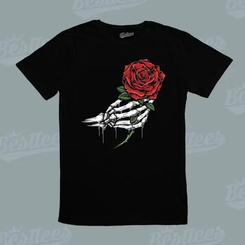 

NEW UNISEX Adult MEN WOMEN Valentines Day Skeleton Skull Hand Rose T-Shirt