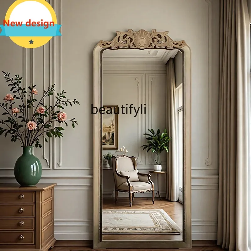 

C06 French Retro Carved European Style Wall-Mounted Floor Mirror American Light Luxury Entryway Wall-Mounted Dressing Mirror