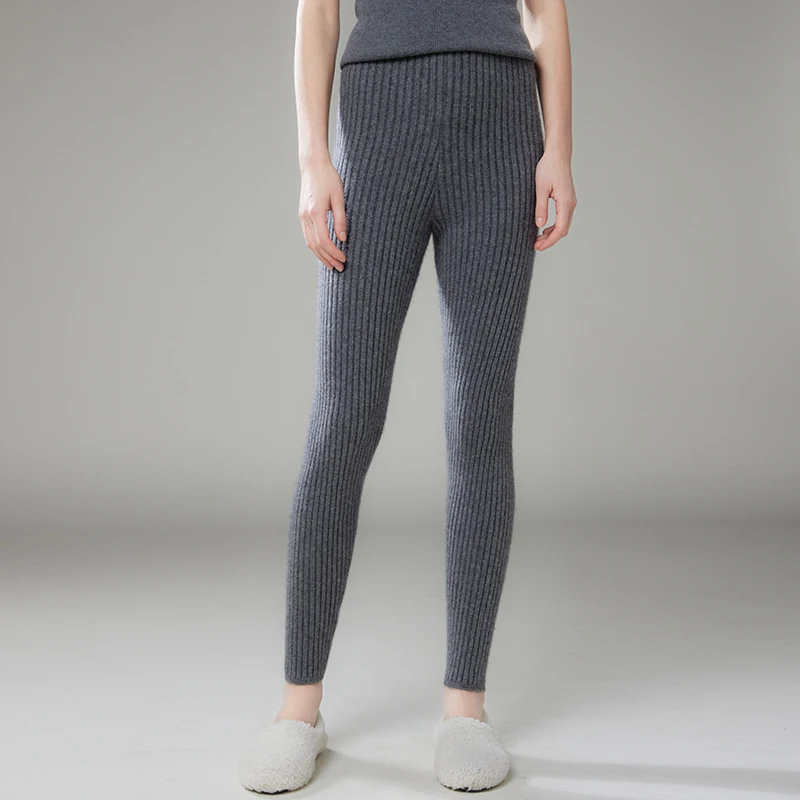 Women's 100% Pure Cashmere Tights Pants Warm Slim Stretchy Ribbed Knit Elastic Sweater Pants Autumn Winter Bottom Wear