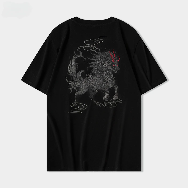 Men T Shirt Embroidery Cotton Animal T Shirt Harajuku Chinese Kylin Fashion Short Sleeve Tees Loose Cool O Neck Summer Top Male