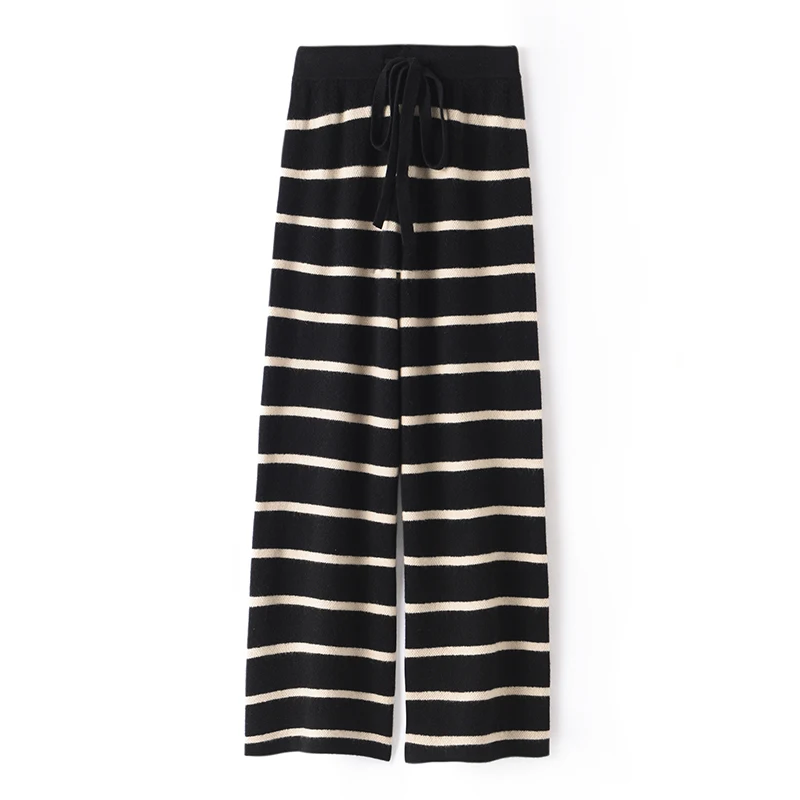 Fashionable striped color-blocking pure cashmere wide-leg pants for women, high-waisted and straight, can be worn outside as woo