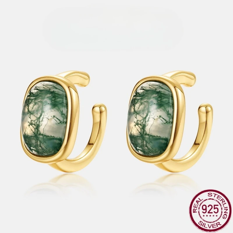 

New S925 pure silver simple and luxurious natural water grass agate inlaid with green moss stone earrings wedding jewelry