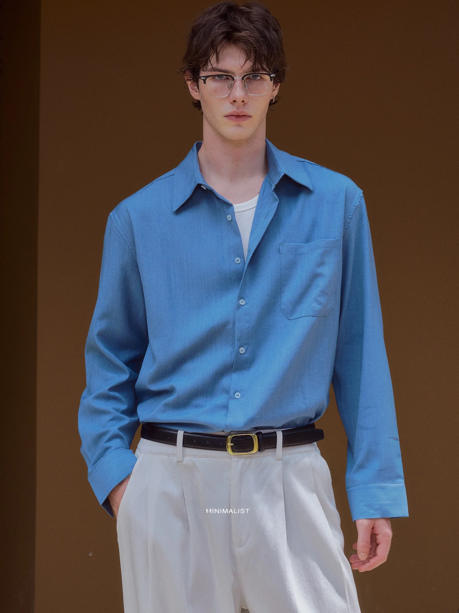 Klein Blue Men's Long Sleeve Loose Casual Shirt Autumn Pure Color Simple Commute Inner Wear Polyester Blend Wool Blend Shirt