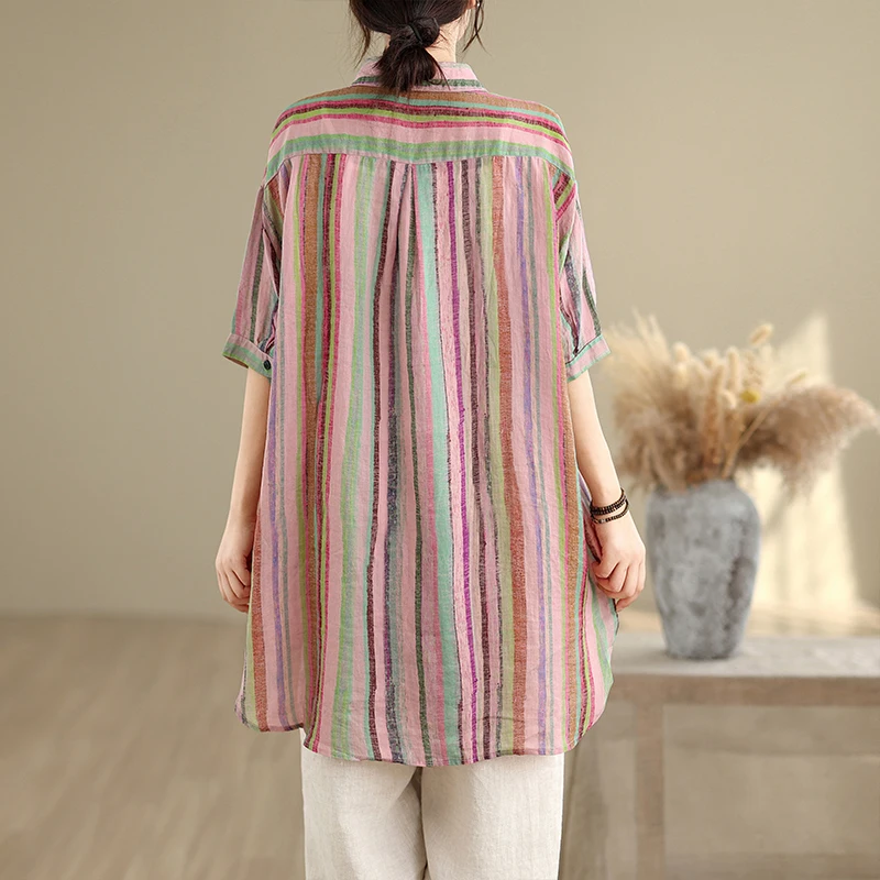 Casual Striped  Ne ort Sve irt Women's Mid-Length Lazy Sle Big Size Design Sensation Faionable Office Commute