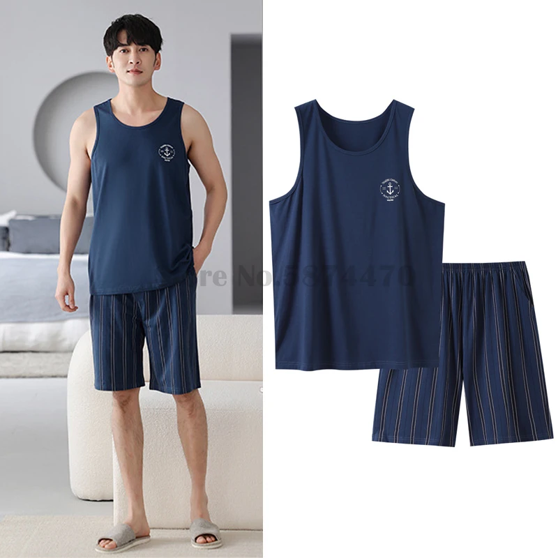 

Summer New Men's Pajamas Suit Modal Sleepwear Vest Shorts Two-Piece Loungewear Loose Casual Light Boy Home Wear Plus Size 4XL