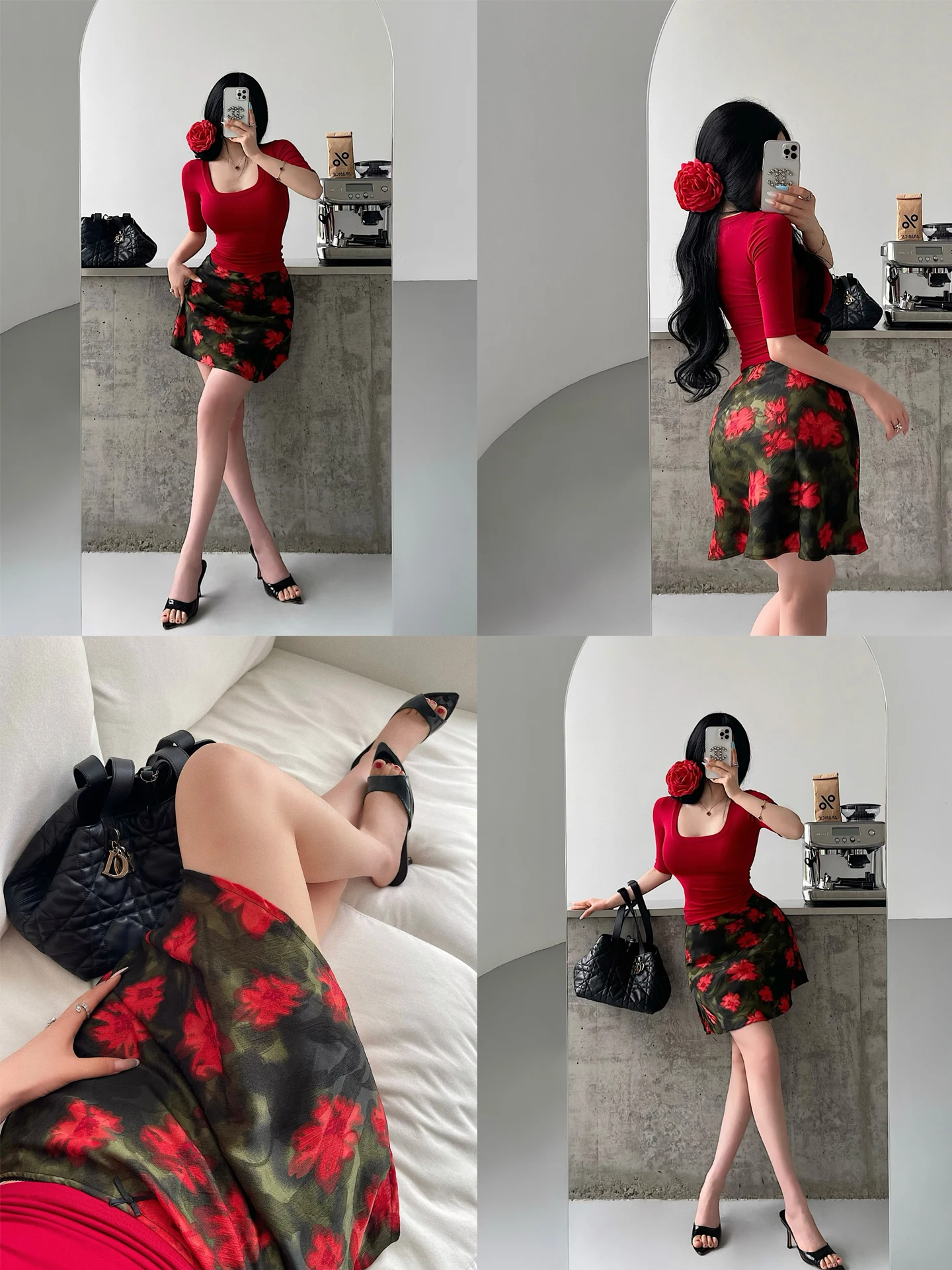 Retro Pure Desire Sexy High Waist Polka Dot Floral Print Mesh A-Line  Skirt Short Skirt Women's Fashion Daily Wear