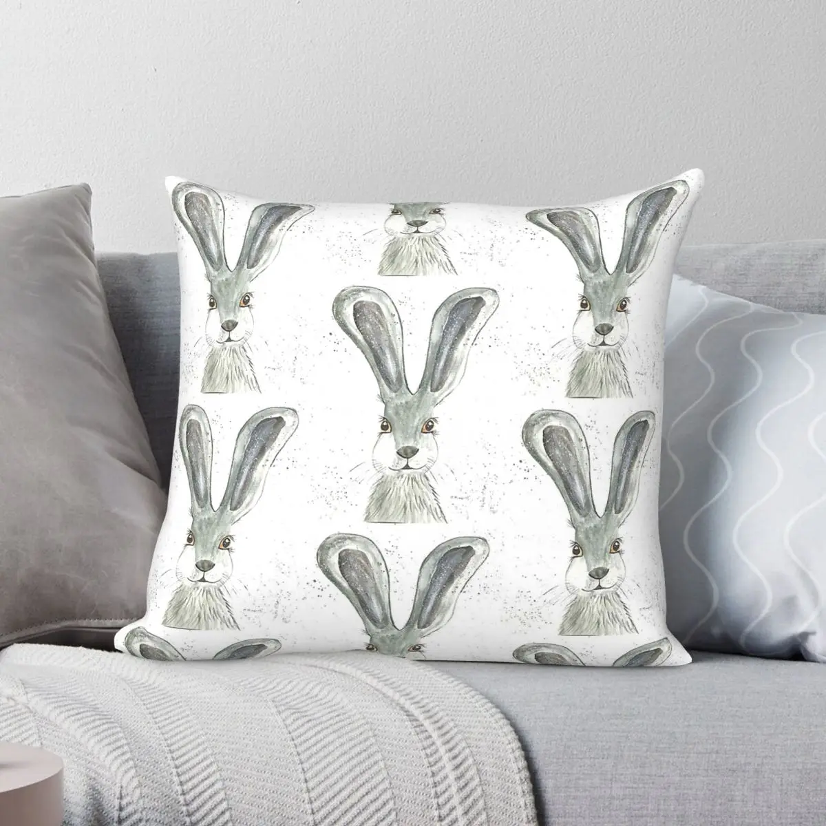 Grey Hare Watercolour Pillowcase Polyester Linen Velvet Pattern Zip Decorative Bed Cushion Cover