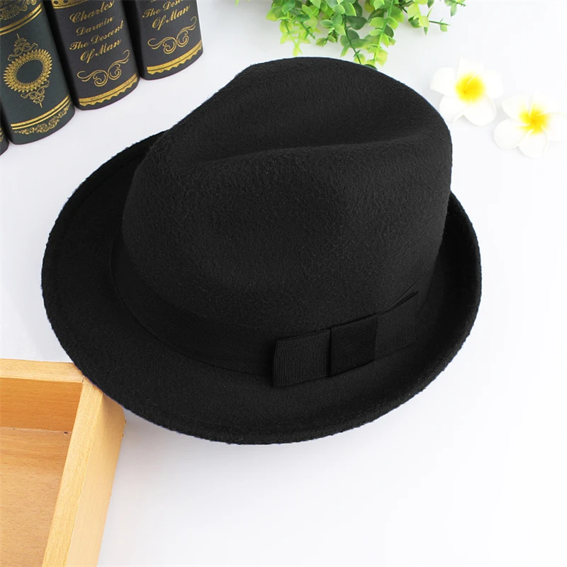 Unisex Roll Up Short Brim Felt Fedora Hats with Black Ribbon Women Men Trilby Jazz Hat