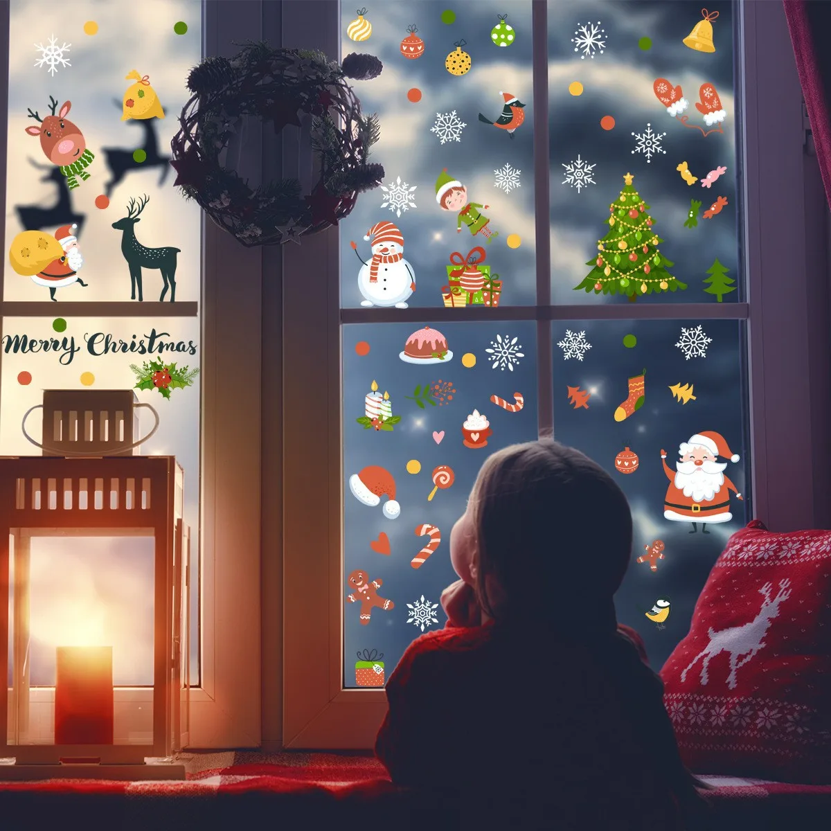 Christmas Holiday Santa Claus Tree Snowflake Wall Sticker Static Glass Sticker Double Sided Visual Decorative Wall Sticker