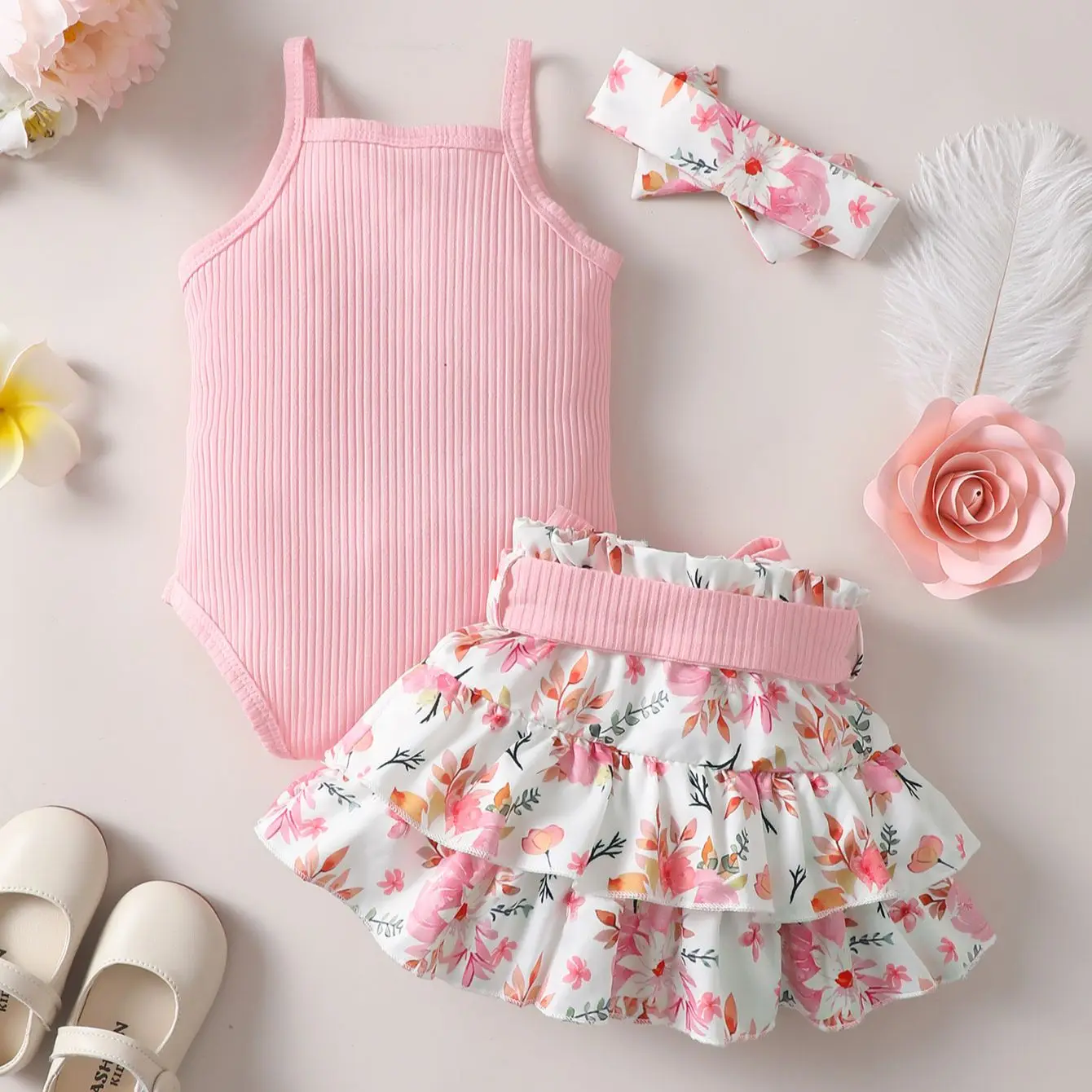 0-2 Year Old Newborn Baby Girls Summer Sleeveless Suspender Jumpsuit With Floral Print Short Skirt Cute Fashion Toddler Set