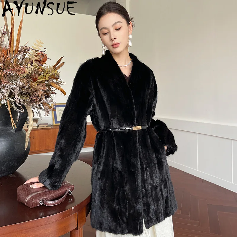 

AYUSNUE Real Mink Fur Coat Women Luxury Real Fur Coats for Ladies New in Outerwears Winter Jacket Womens Clothing Шуба 2025 Belt
