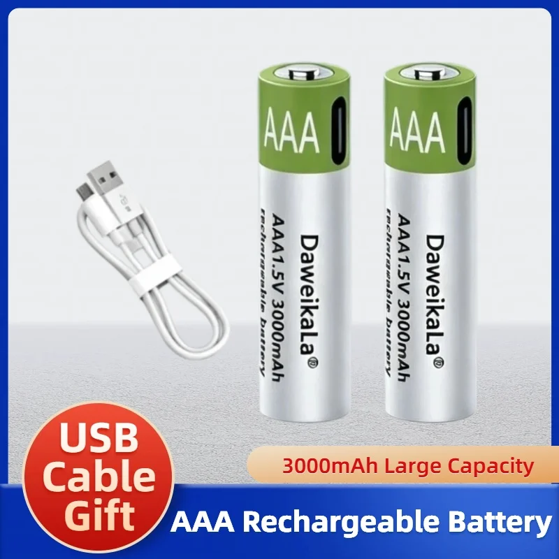 AAA Rechargeable Batteries 1.5V 3000mAh Li-ion Battery For Remote Control Wireless Mouse Electric Toy Battery + USB Type-C Cable