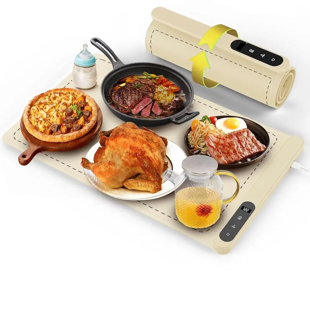 

Food Warming Mat With 6 Level Temperature, Electric Warming Tray 1-6 Hours Adjustable Timer, Portable Silicone Food Warmer For